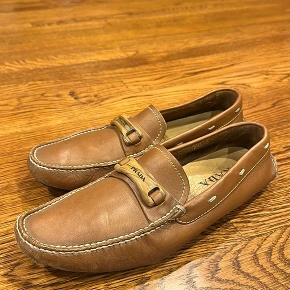 PRADA Brown Leather Slip on Loafer Moccasin Size 7.5 s-l400.jpg main image 2